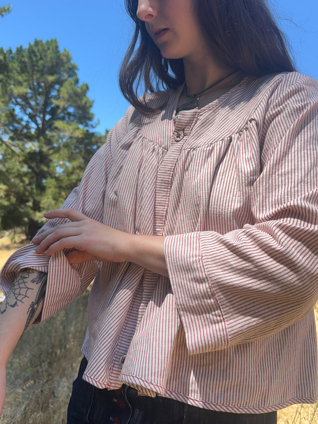 yali platinum pinstripe babydoll blouse