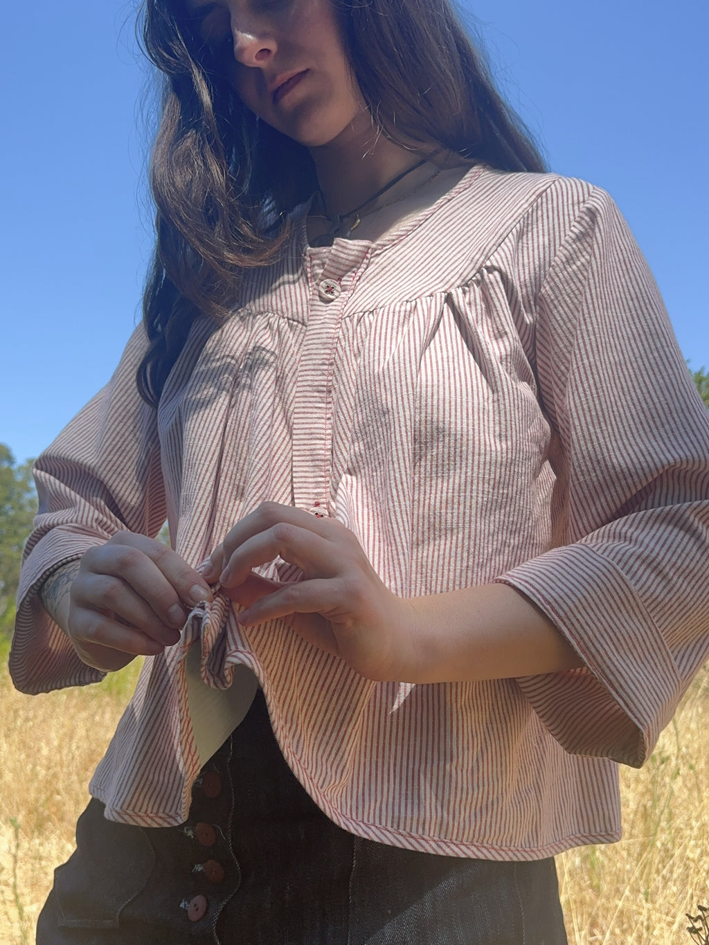 yali platinum pinstripe babydoll blouse